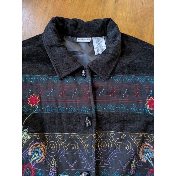 Vintage White Stag Embroidered Chenille Jacket XL Black Aztec Floral Artwear 90s - Picture 3 of 8
